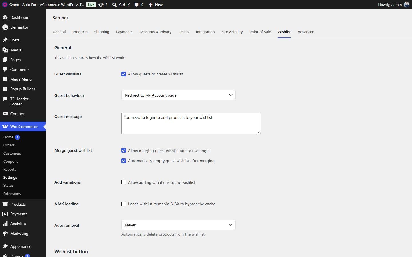 Wishlist settings